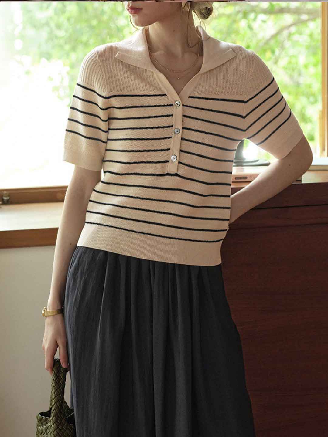 Anna Loose Polo Collar Striped Knitted Top