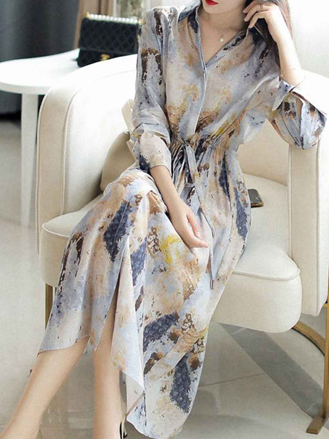 Natalie Classic Lapel Floral Printed Chiffon Dress