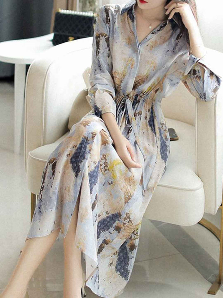 Natalie Classic Lapel Floral Printed Chiffon Dress