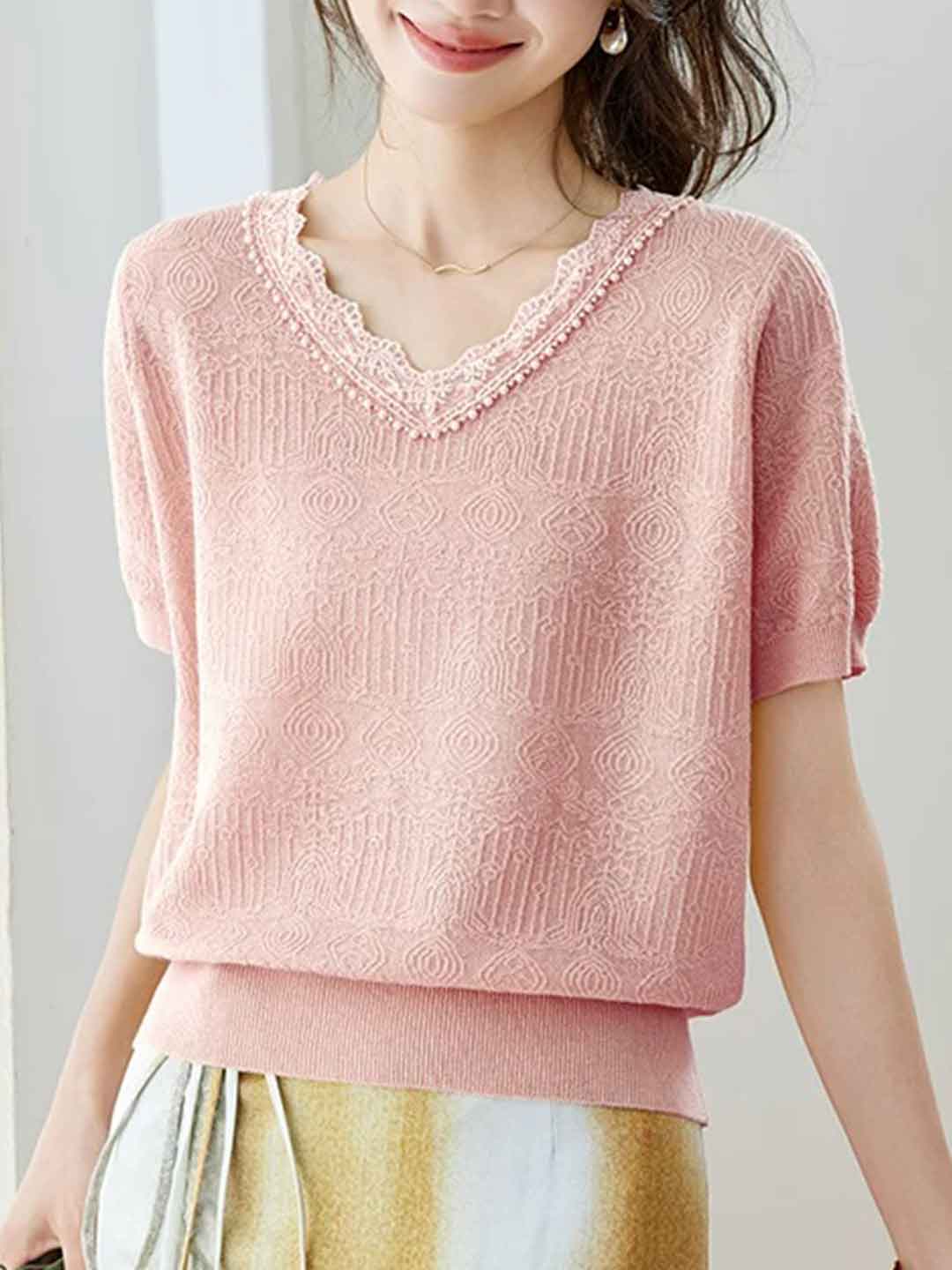 Abigail Classic V-Neck Lace Jacquard Knitted Top