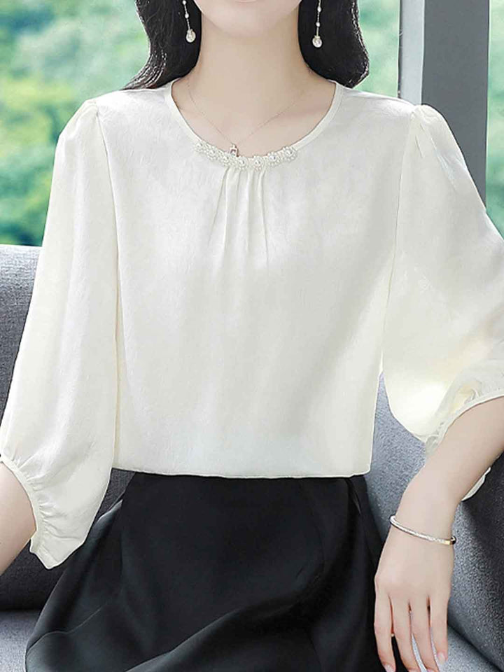 Rachel Elegant Crew Neck Beaded Satin Shirt