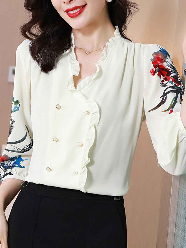 Layla Classic Auricular Collar Printed Chiffon Blouse