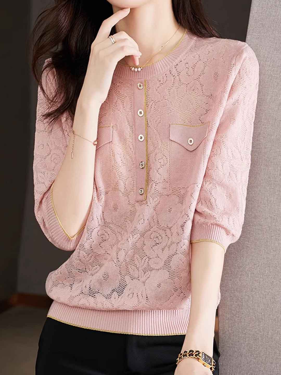 Riley Loose Crew Neck Hollowed Solid Color Knitted Top