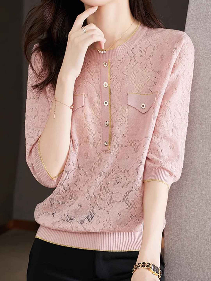 Riley Loose Crew Neck Hollowed Solid Color Knitted Top