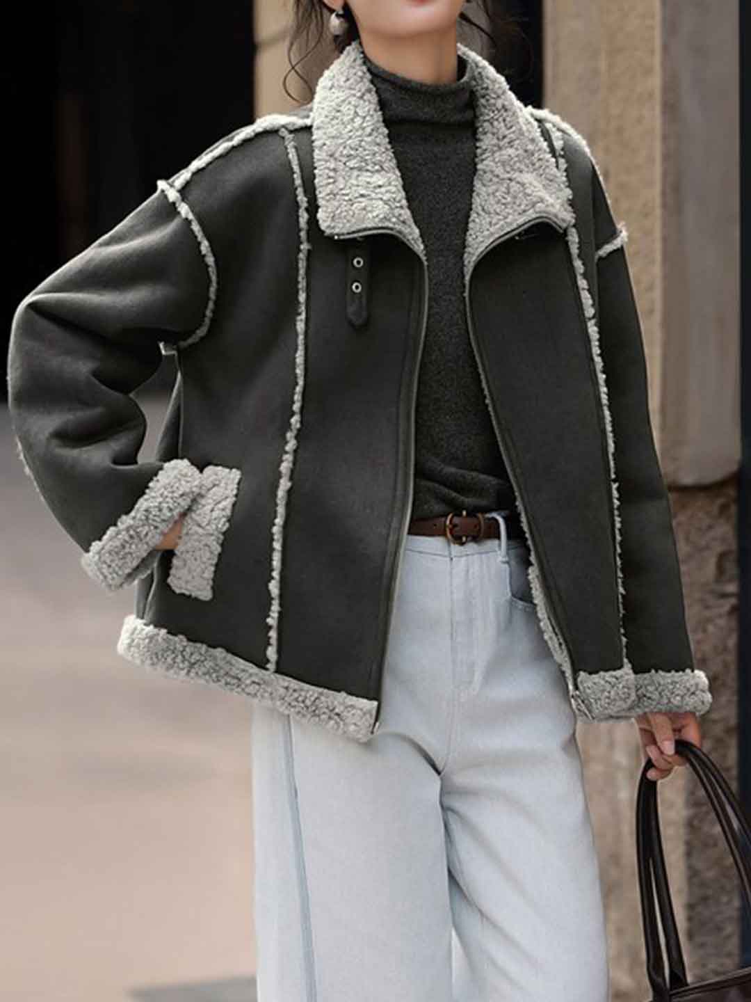 Natalie Retro Lapel Color-Blocked Suede Jacket