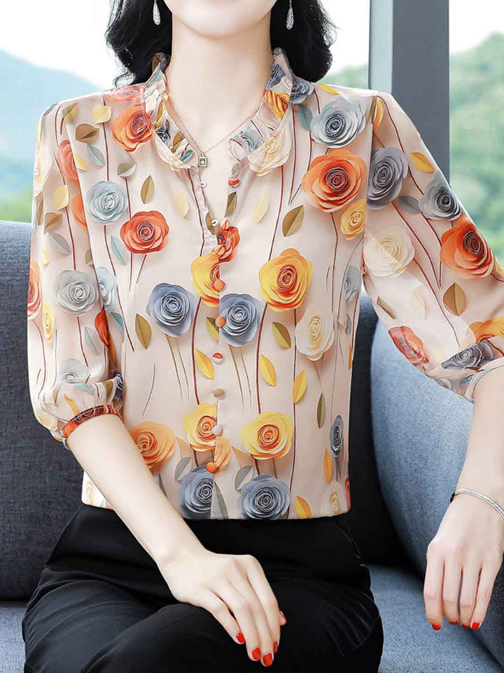 Ariana Loose V-Neck Lantern Sleeve Ruffle Collar Shirt
