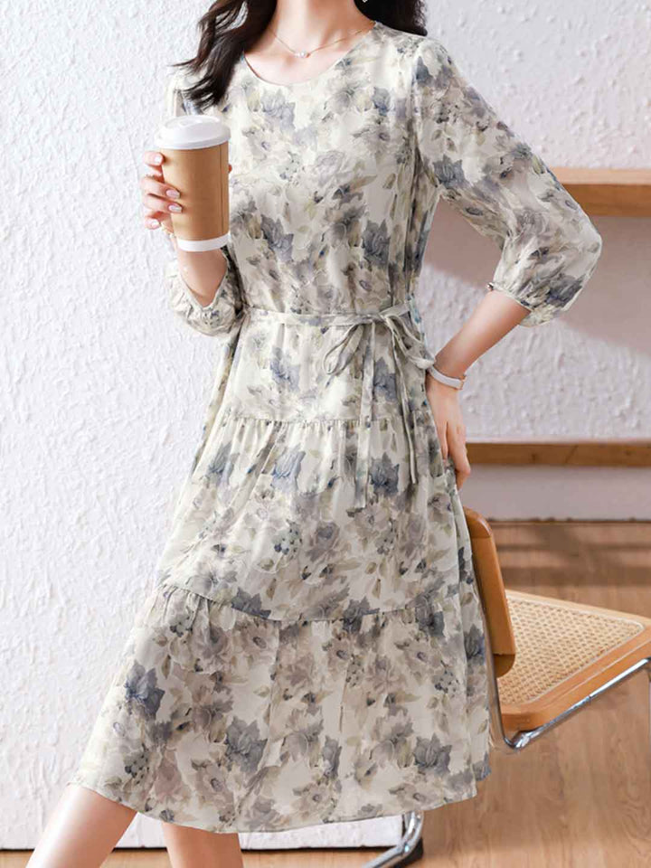 Sophia Elegant Crew Neck Printed Chiffon Dress