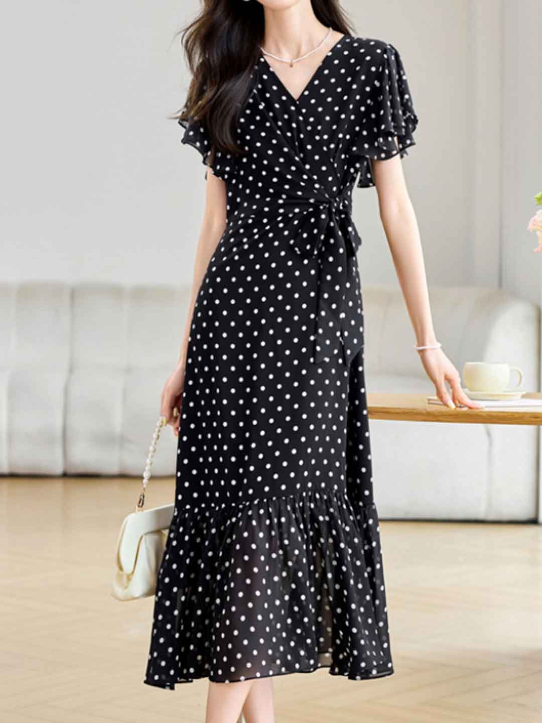 Grace Daily V-Neck Polka Dot Fishtail Chiffon Dress