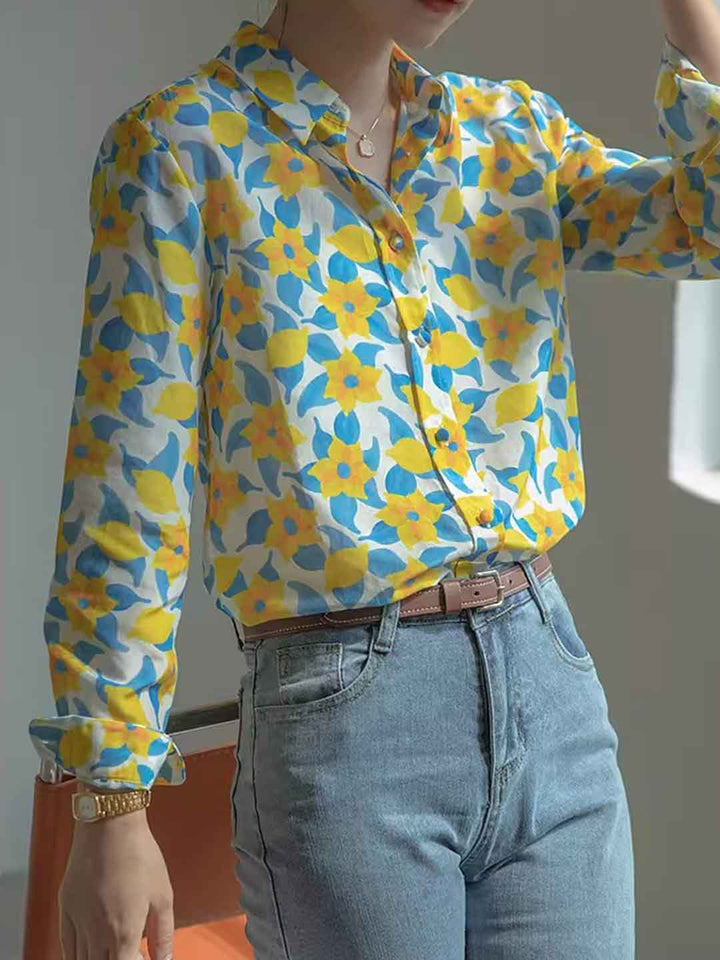 Claire Retro Lapel Color-Blocked Printed Shirt