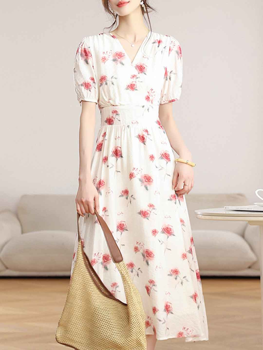 Mia Vacation V-Neck Puff Sleeve Floral Dress