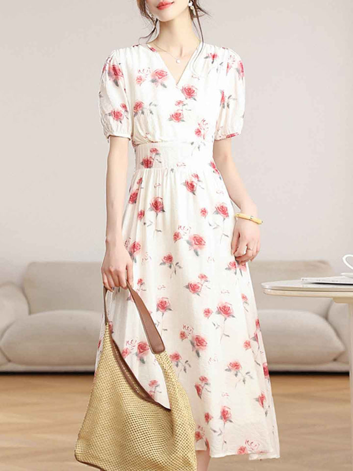 Mia Vacation V-Neck Puff Sleeve Floral Dress