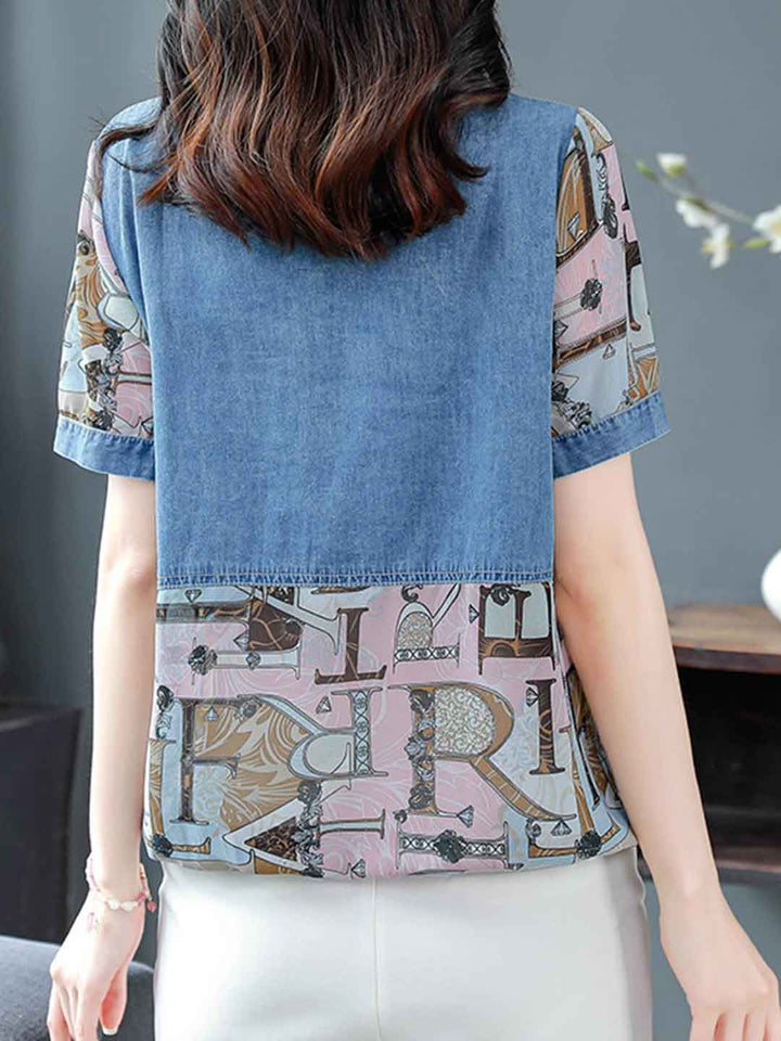 Olivia Loose Crew Neck Embroidered Denim Patchwork Top