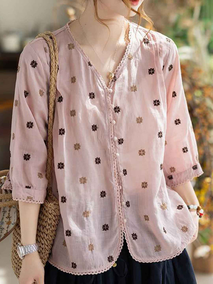 Alexis Loose V-Neck Embroidered Patchwork Blouse