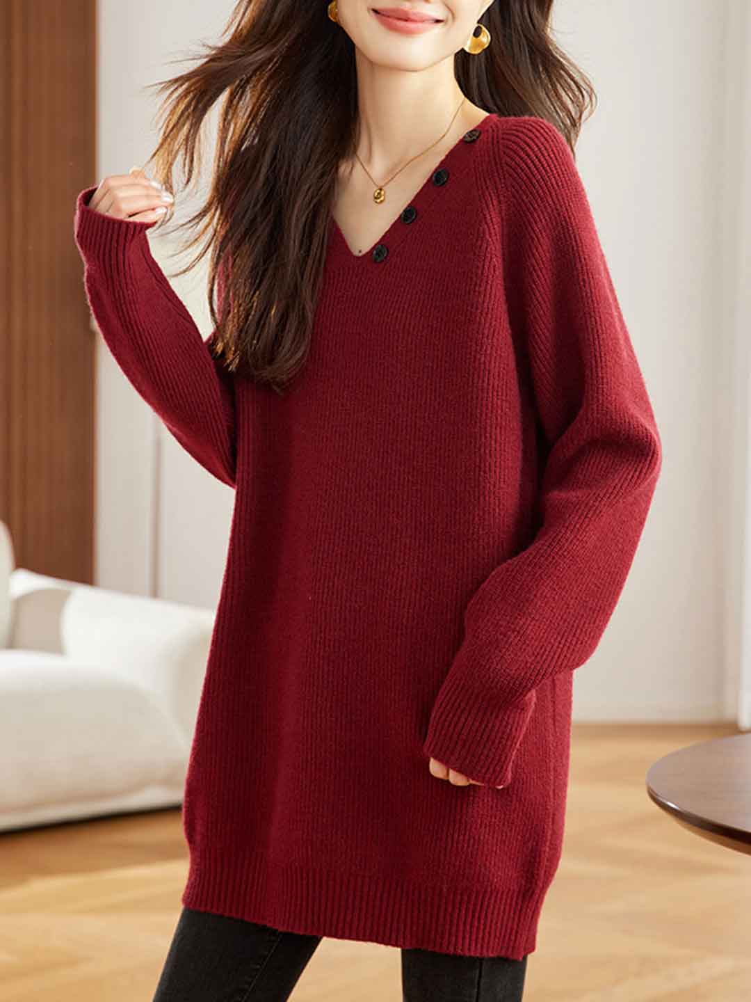 Maya Daily Button Scarf Solid Color Knitted Sweater