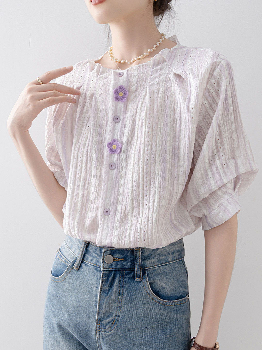 Sarah Loose Crew Neck Floral Solid Color Top