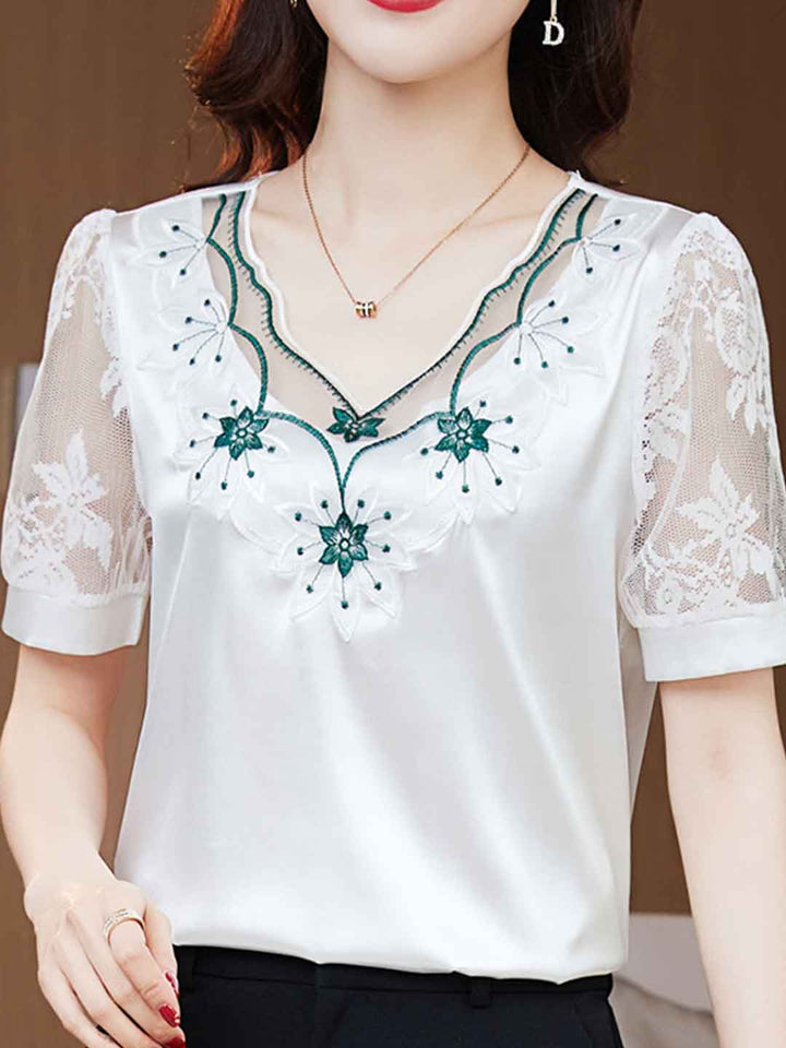 Peyton Classic V-Neck Satin Lace Chiffon Top