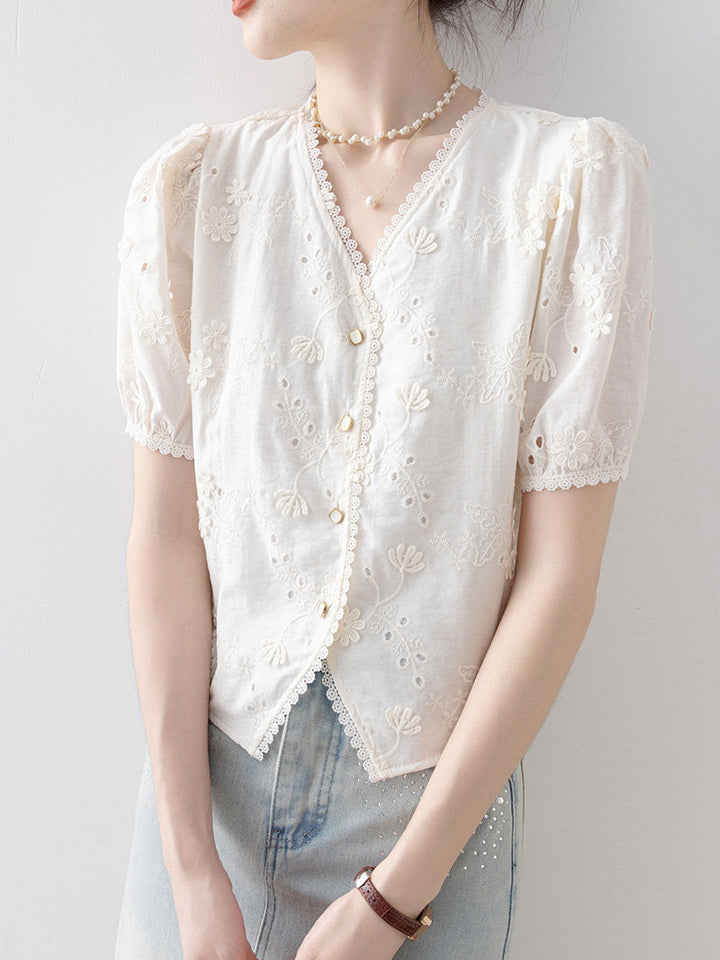 Grace Daily V-Neck Lace Hollowed Blouse