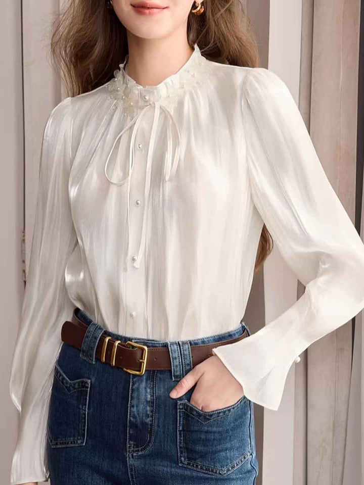 Emily Vintage Stand Collar Flare Sleeve Pleated Shirt
