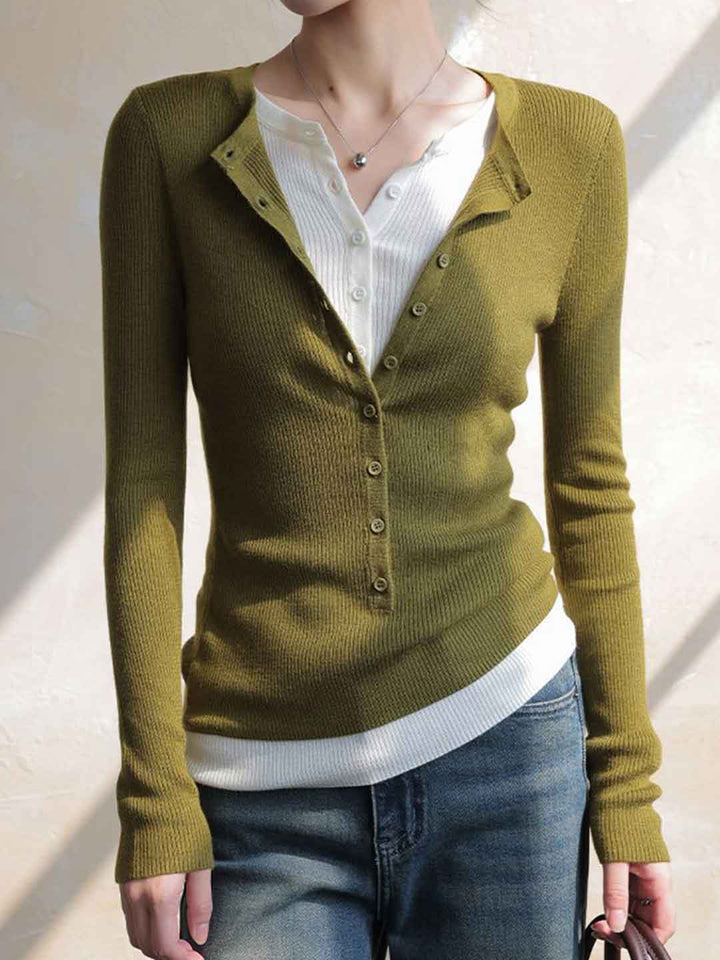 Kayla Slim V-Neck Mock Two-Piece Knitted Top