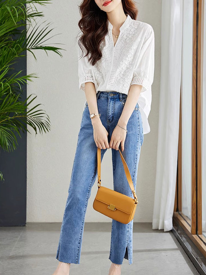 Brooke Classic V-Neck Puff Sleeve Hollowed Top