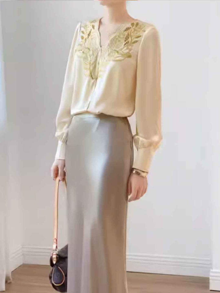 Zoey Loose V-Neck Embroidered Hollowed Blouse