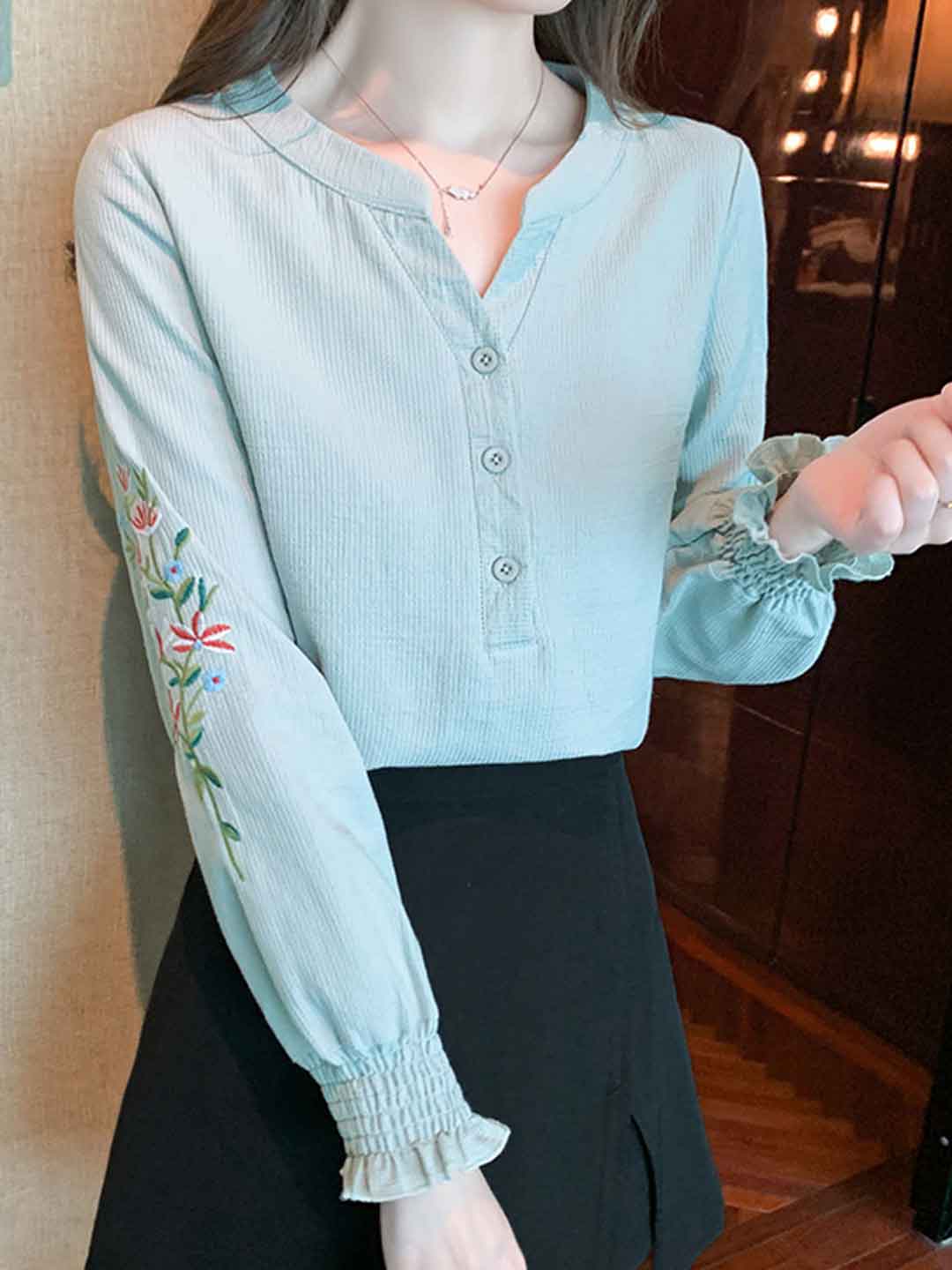 Abigail Classic V-Neck Lantern Sleeve Embroidered Top