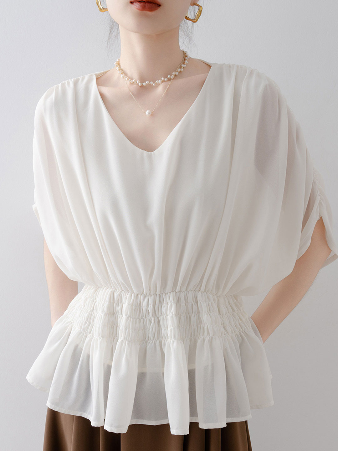 Hailey Loose V-neck Waisted Batwing Sleeve Shirt