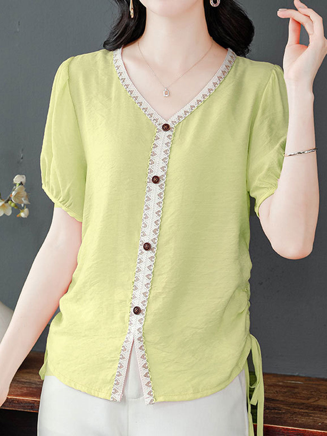 Camila Elegant V-Neck Solid Color Top