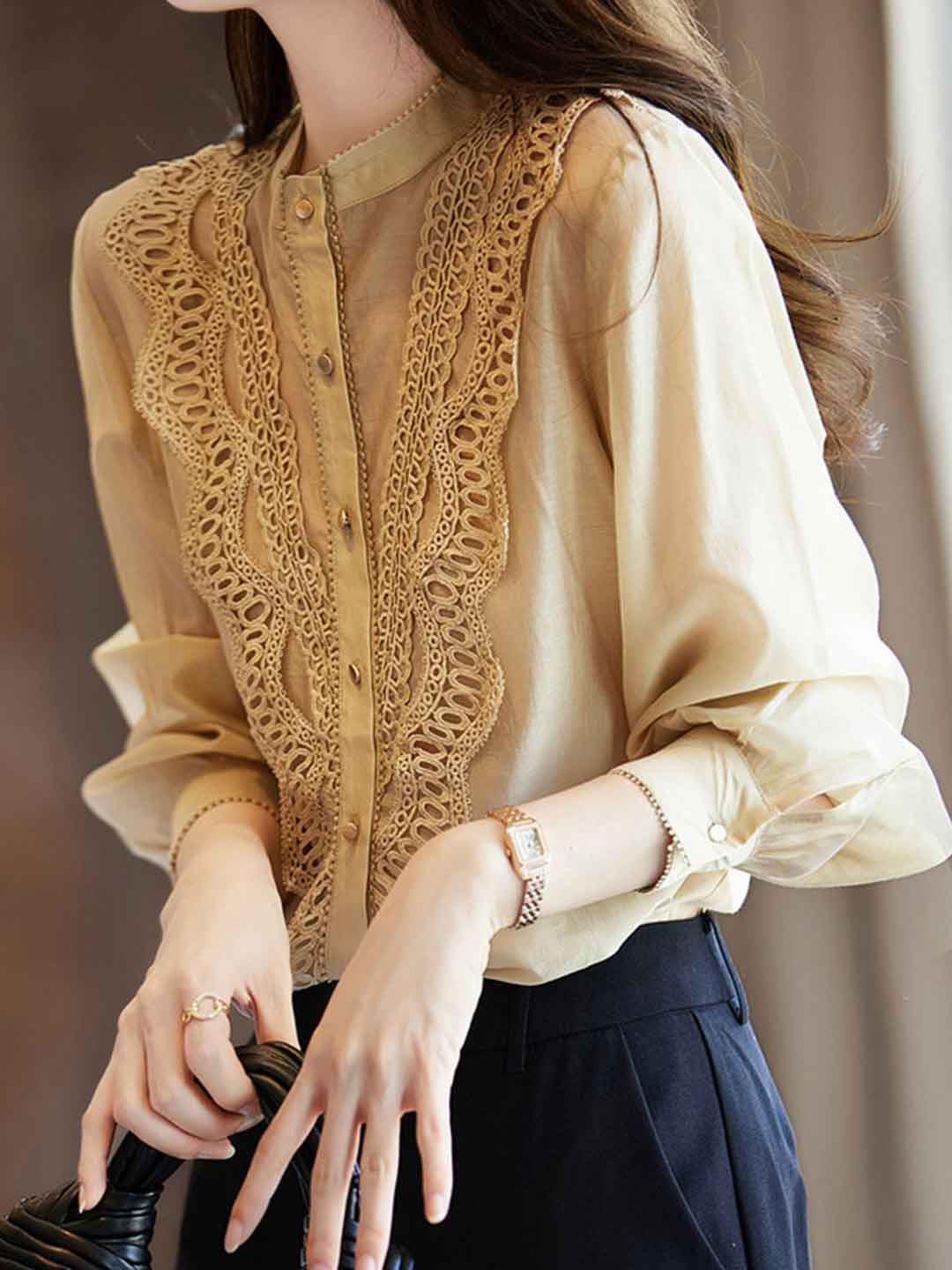 Evelyn Classic Stand-Up Collar Lace Trim Top