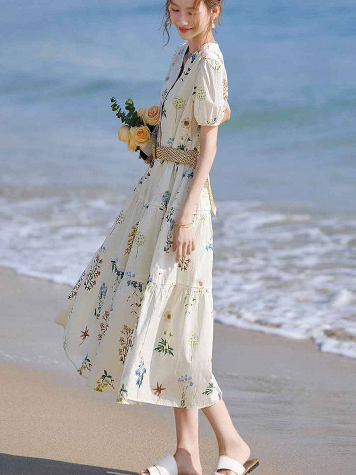 Brianna Vacation V-Neck Tie Floral Printed Dress