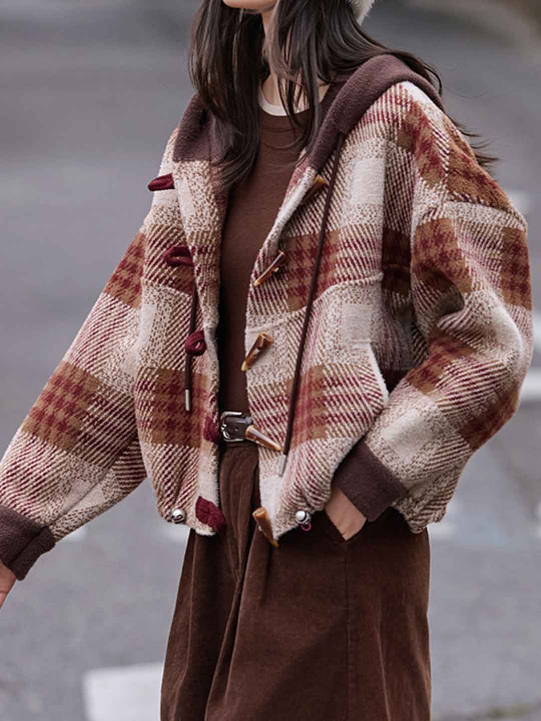 Brianna Casual Color-Blocked Plaid Hooded Top