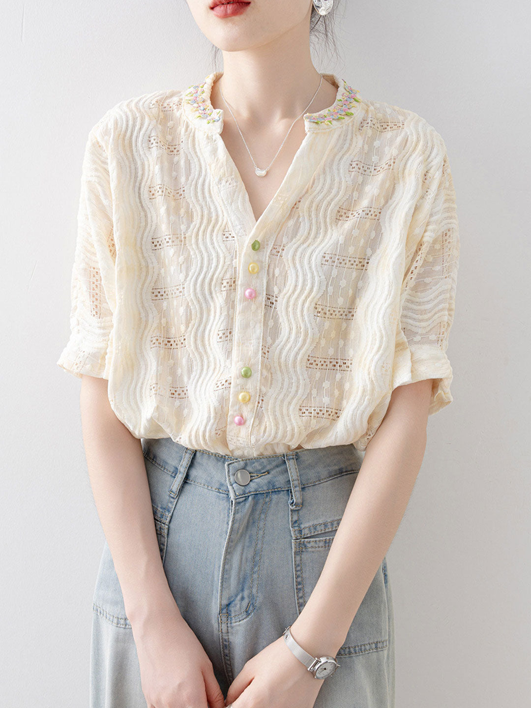 Mia Loose V-Neck Colorful Buttons Top