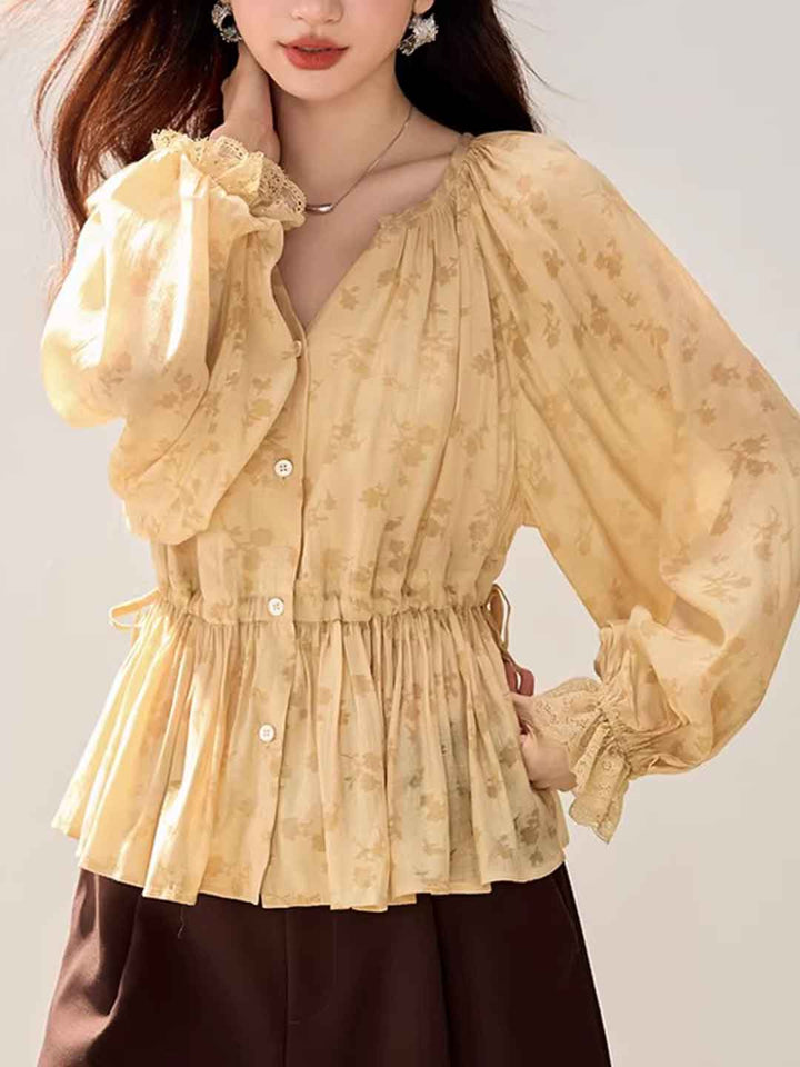 Olivia Loose V-Neck Lantern Sleeve Drawstring Lace Top