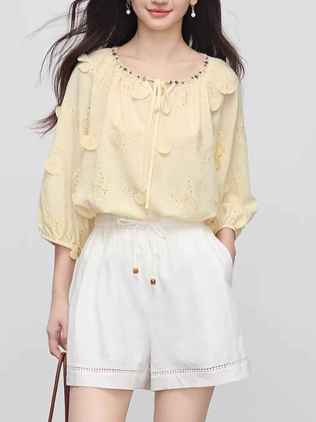 Olivia Retro Crew Neck Butterfly Embroidered Blouse