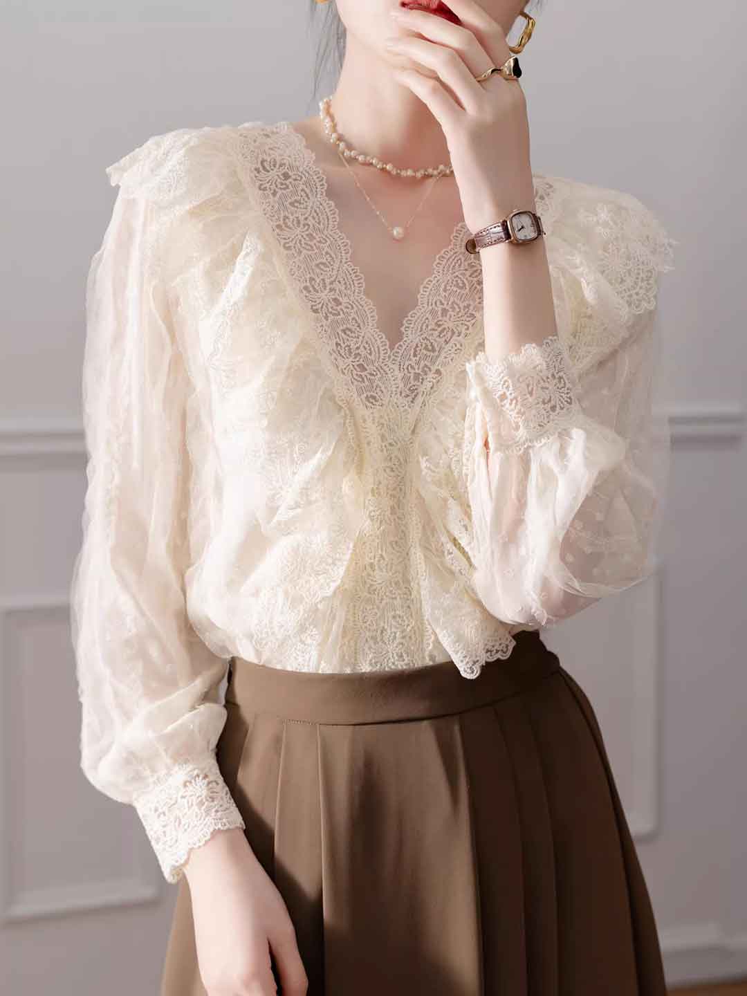 Mia Elegant V-Neck Ruffled Lace Blouse