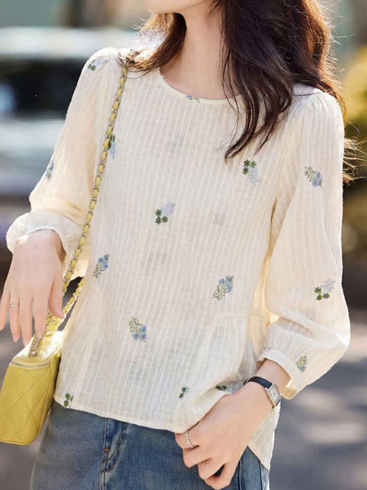 Emily Casual Crew Neck Embroidered Shirt