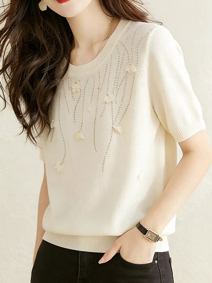 Maria Classic Crew Neck Rhinestone Flower Knitted Top
