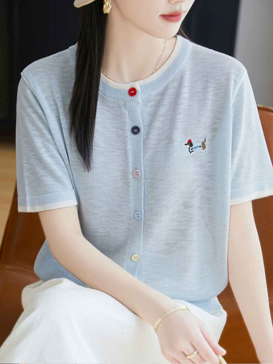 Eva Classic Crew Neck Embroidered Knitted Cardigan