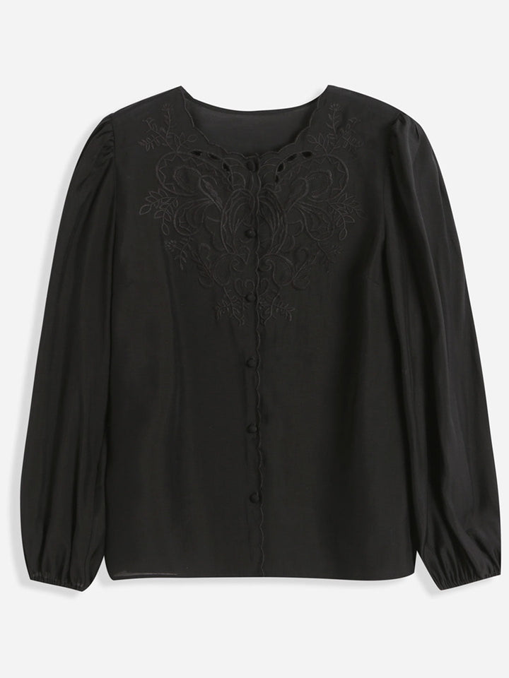 Jocelyn Elegant Embroidered Lantern Sleeve Shirt-Khaki