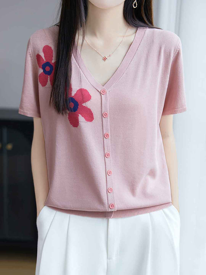 Trinity Loose V-Neck Jacquard Knitted Top