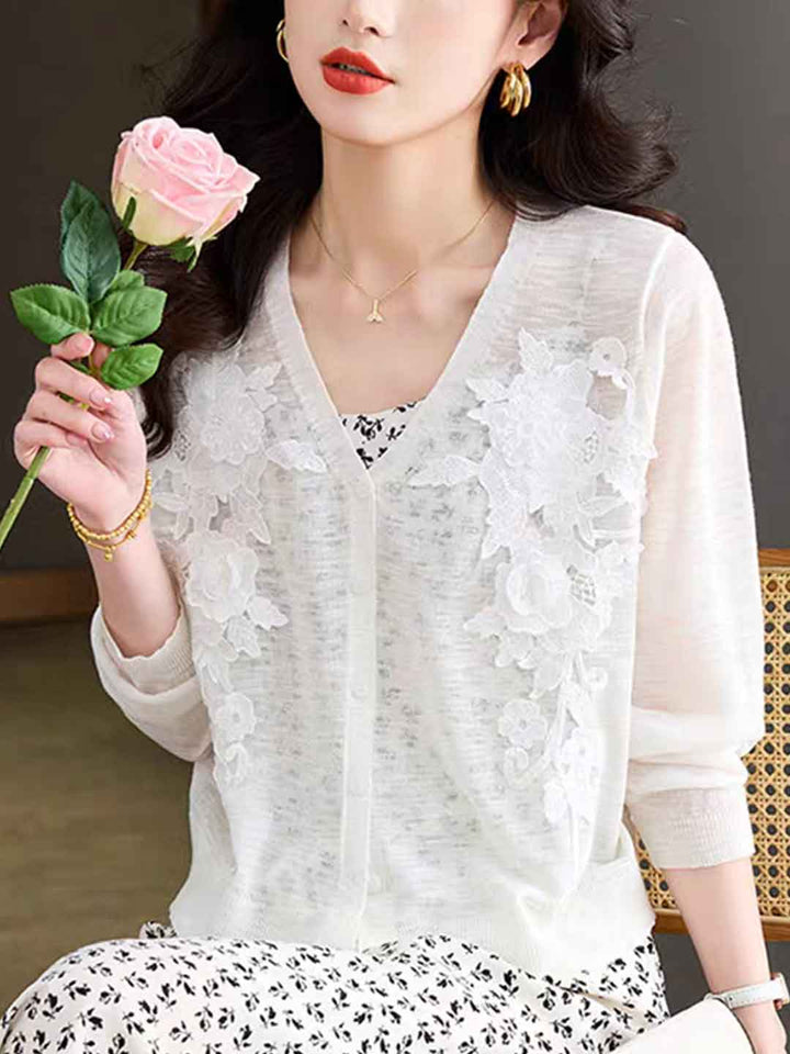Zoe Elegant V-Neck Hollowed Embroidered Knitted Cardigan-White