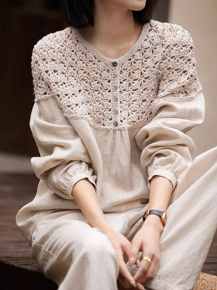 Natalie Loose Crew Neck Hollowed Crochet Top