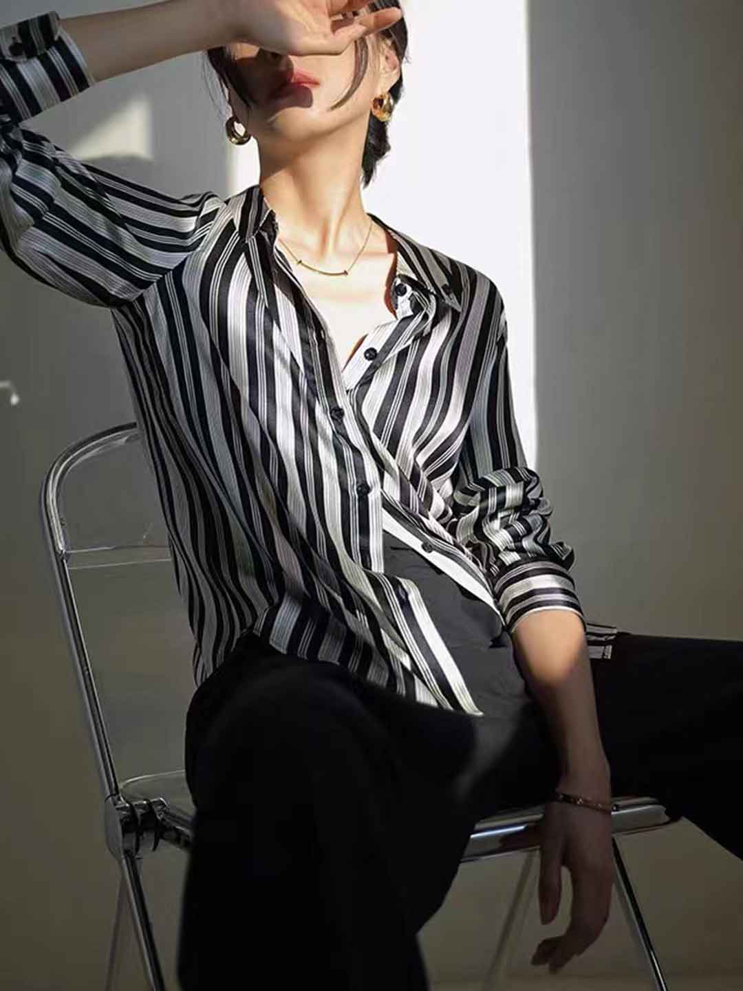 Olivia Loose Lapel Striped Satin Shirt