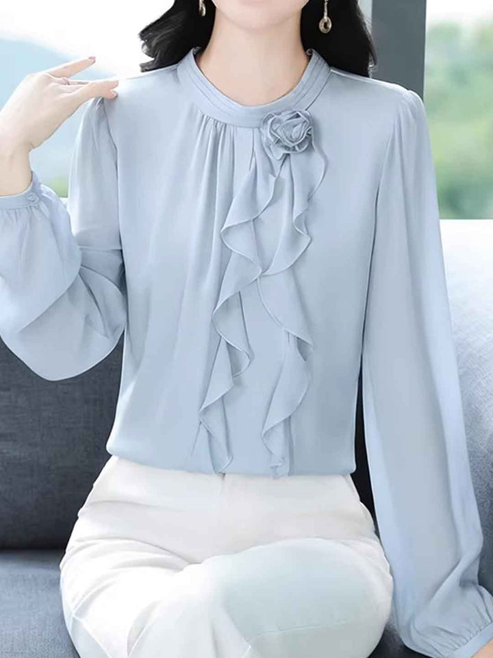 Lillian Elegant Crew Neck Lantern Sleeve Chiffon Shirt