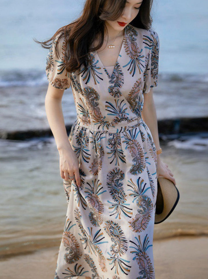 Bella Retro Printed Waist Chiffon Dress