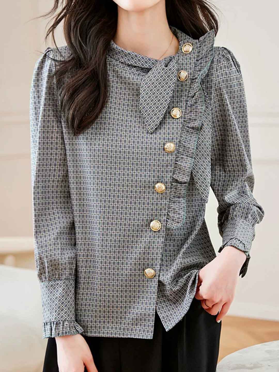 Brianna Chic Doll Collar Puff Sleeve Plaid Shirt
