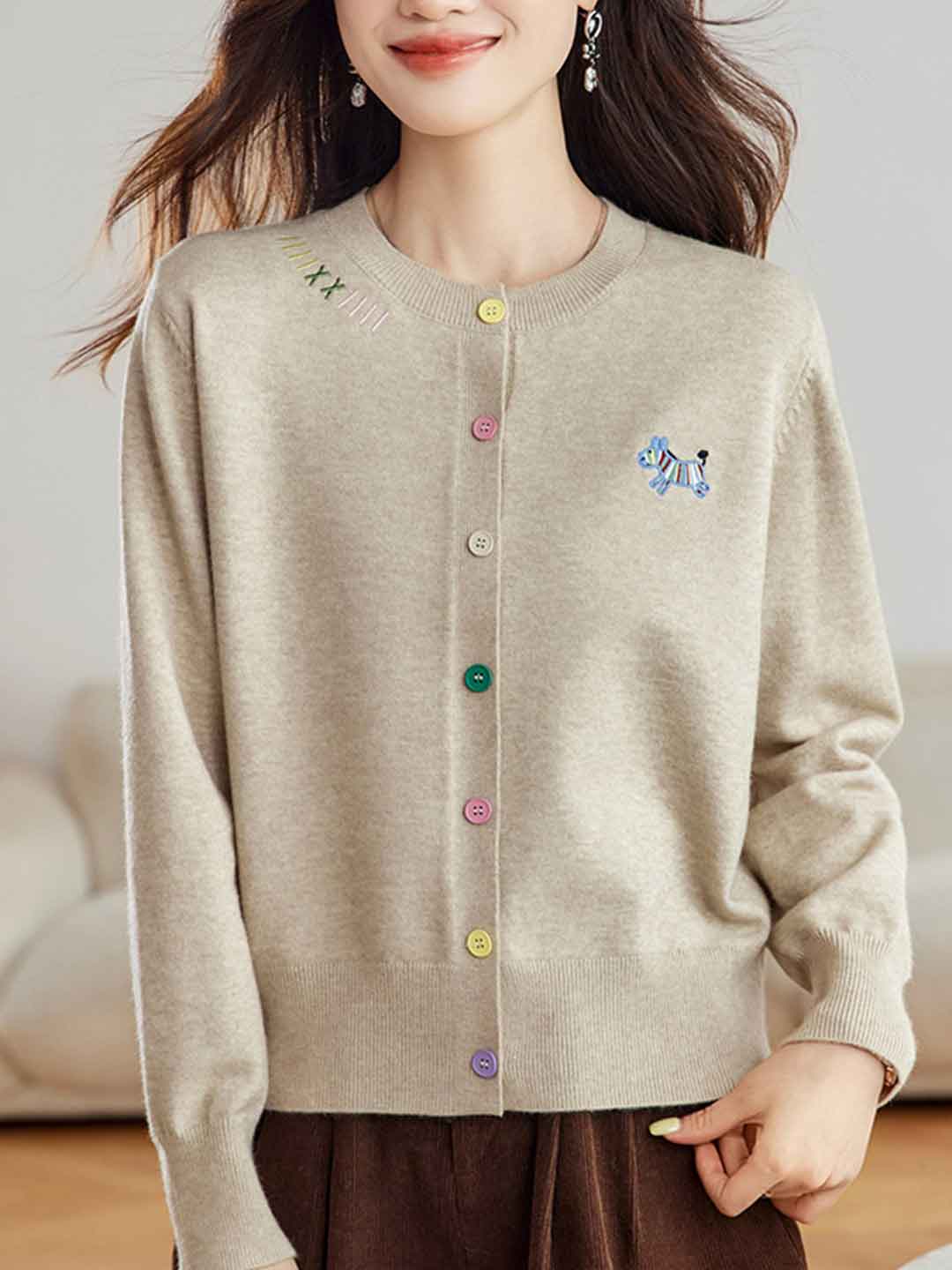 Camila Loose Crew Neck Embroidered Colorful Buttons Knitted Cardigan