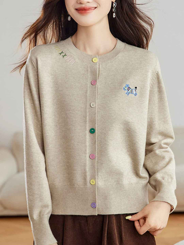 Camila Loose Crew Neck Embroidered Colorful Buttons Knitted Cardigan