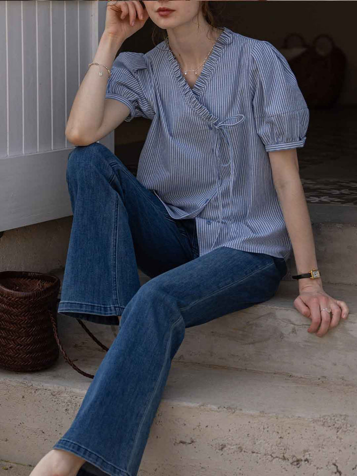 Sofia Retro V-neck Puff Sleeve Asymmetrical Top