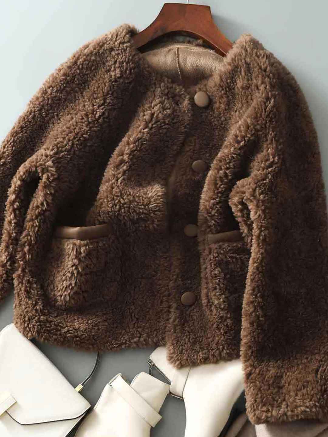 Riley Classic Crew Neck Solid Color Tweed Fleece Jacket